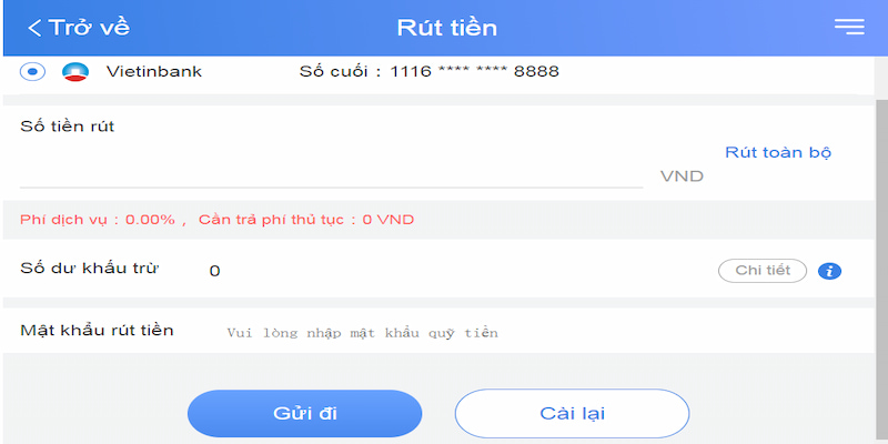 Điền số tiền muốn rút ở nhà cái 123B